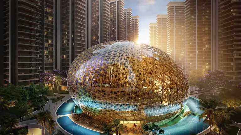 Elan The Emperor golden clubhouse dome at sunset, artist's impression