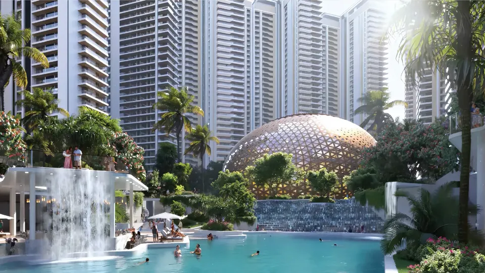 Elan The Emperor towers behind the clubhouse dome and water feature, artist's impression