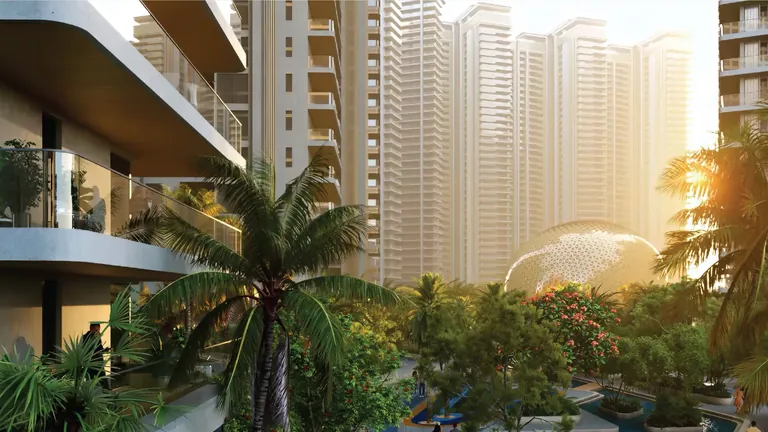 Elan The Emperor towers and landscaped grounds in morning light, artist's impression