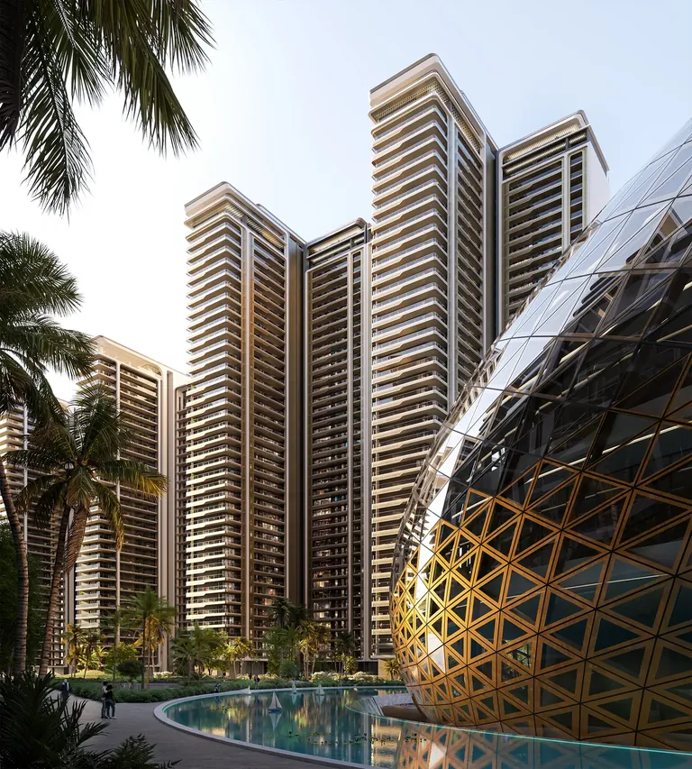 Elan The Emperor towers rising behind the golden clubhouse dome and pool, artist's impression