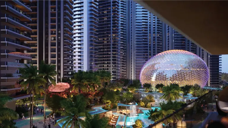 Elan The Emperor view of the Billionaire Club dome from a tower terrace, artist's impression