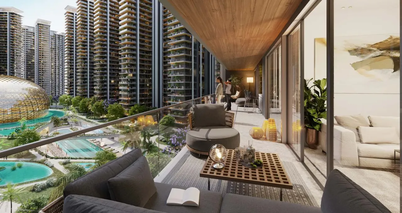 Elan The Presidential apartment balcony overlooking the pools and dome, artist's impression