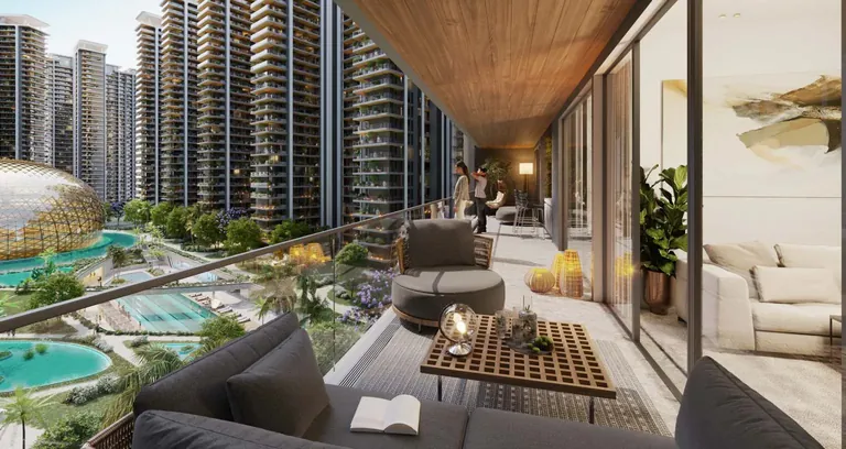 Elan The Presidential apartment balcony overlooking the pools and dome, artist's impression