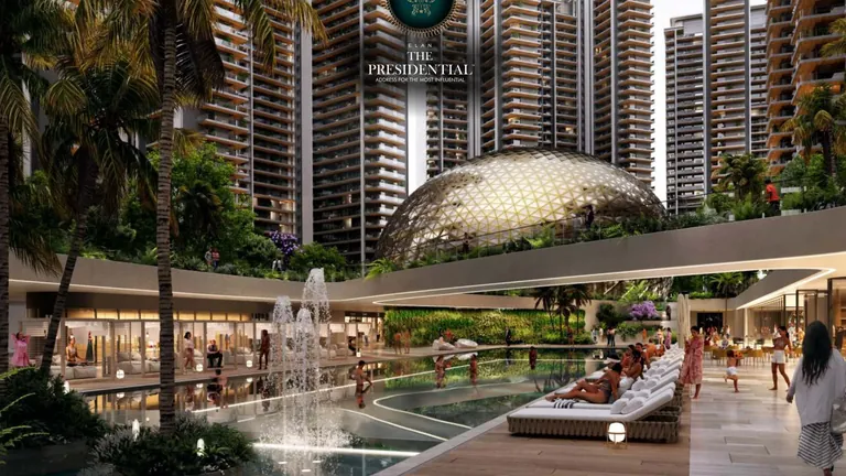 Elan The Presidential clubhouse pool court with fountains and glass dome
