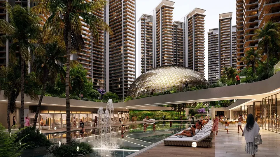Elan The Presidential clubhouse pool court with fountains and glass dome, artist's impression