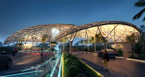Elan The Presidential entrance canopy and arrival court at night, artist's impression