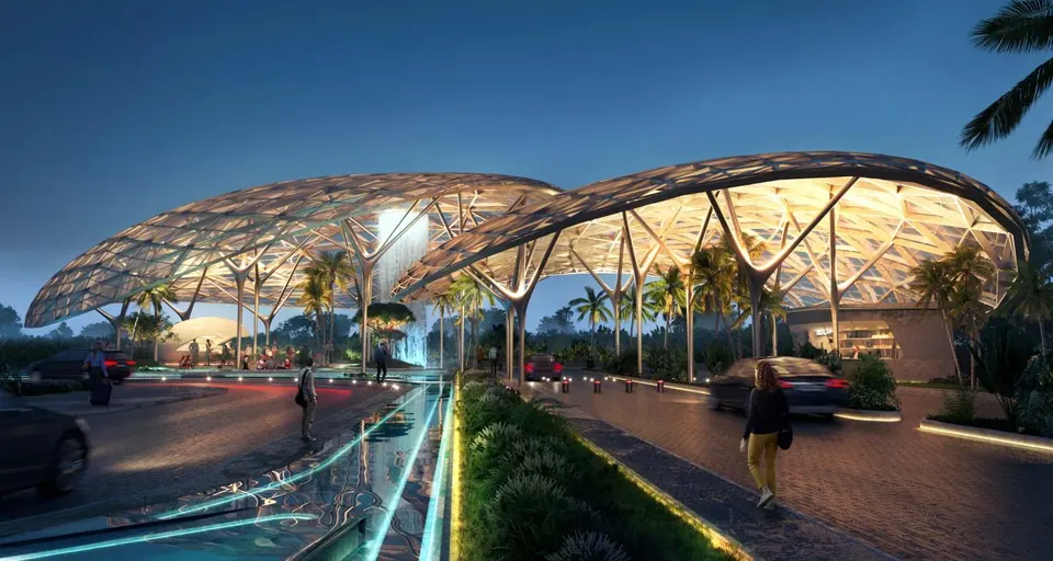 Elan The Presidential entrance canopy and arrival court at night, artist's impression