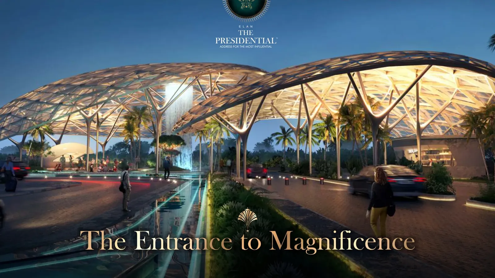 Elan The Presidential entrance canopy and arrival court at night