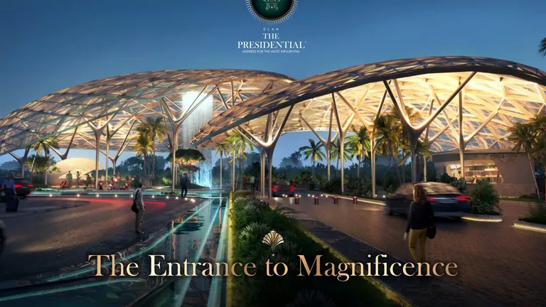 Elan The Presidential entrance canopy and arrival court at night