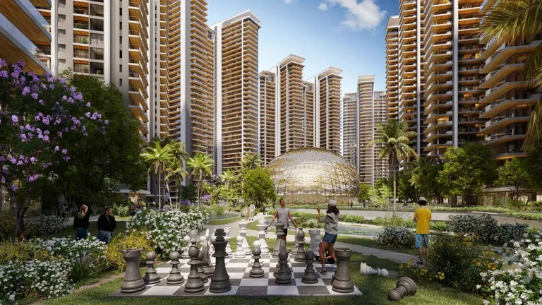 Elan The Presidential garden with giant chess board among the towers, artist's impression