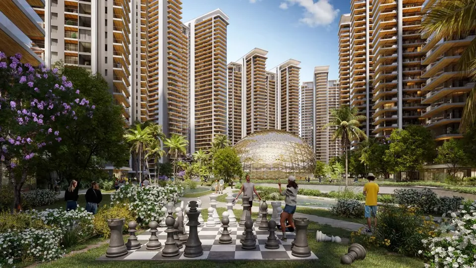 Elan The Presidential garden with giant chess board among the towers, artist's impression