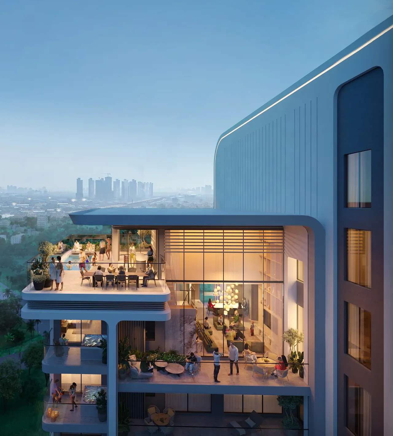 Elan The Presidential penthouse sky terrace at dusk, artist's impression