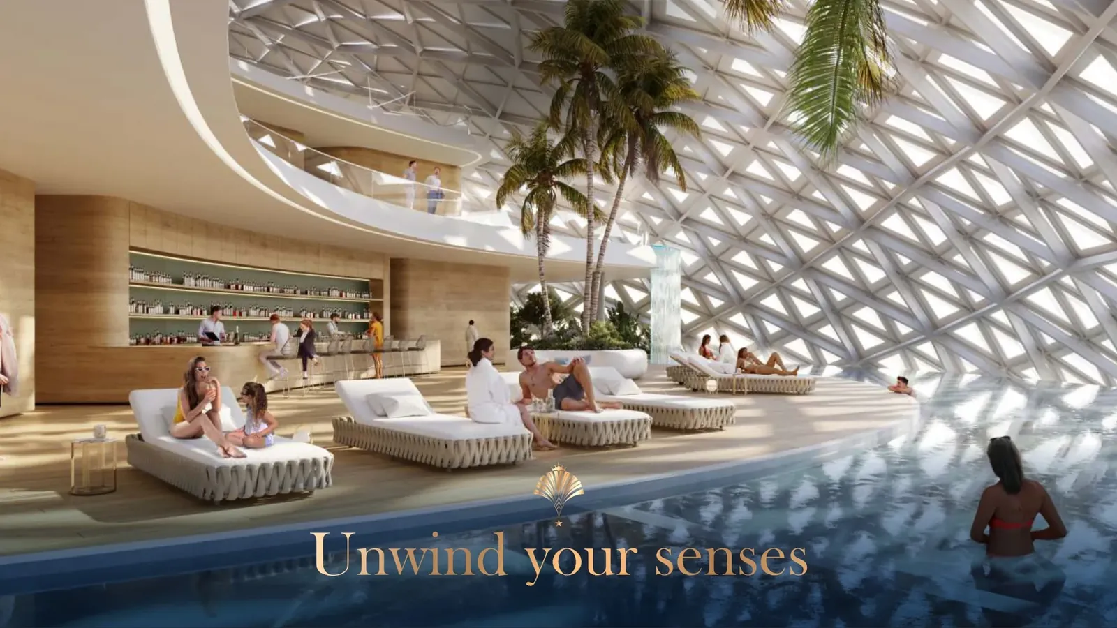 Elan The Presidential pool deck under the clubhouse glass dome