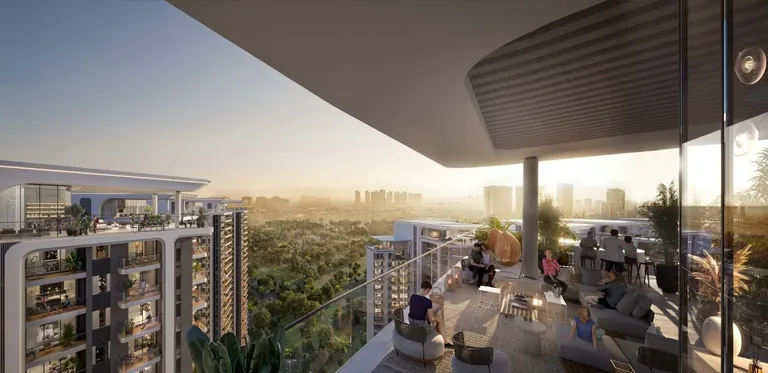 Elan The Presidential sky deck lounge with city views at sunset, artist's impression