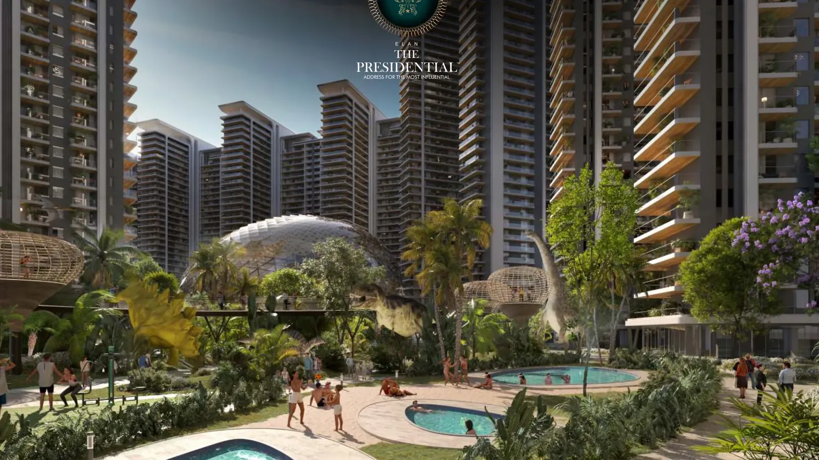 Elan The Presidential tower lobby and landscaped pool court at dusk