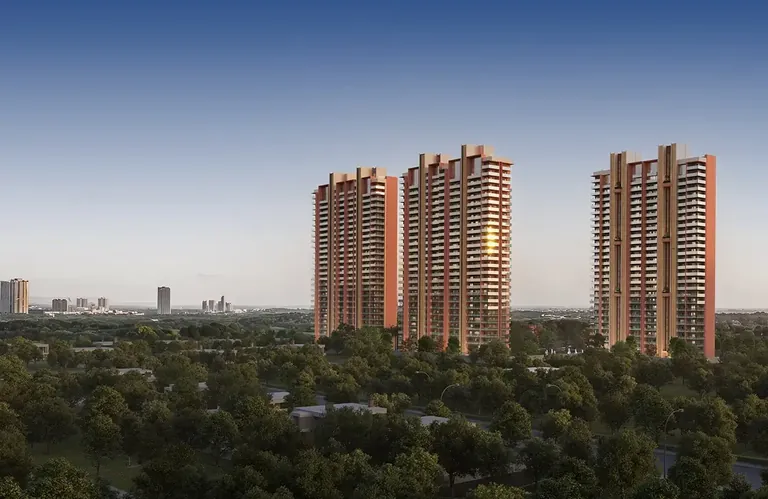 Eldeco Accolade three Accolade towers above the trees, artist's impression
