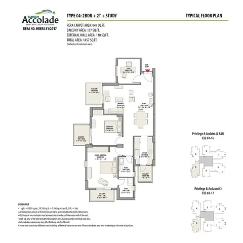 Eldeco Accolade 2 BHK + Study flat floor plan, about 1,457 sq ft super area