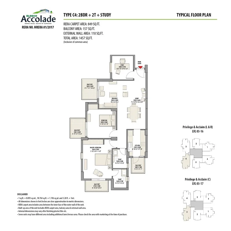 Eldeco Accolade 2 BHK + Study flat floor plan, about 1,457 sq ft super area
