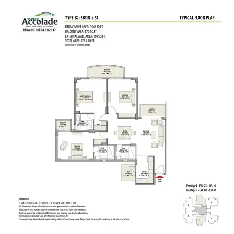 Eldeco Accolade 3 BHK flat floor plan, about 1,751 sq ft super area