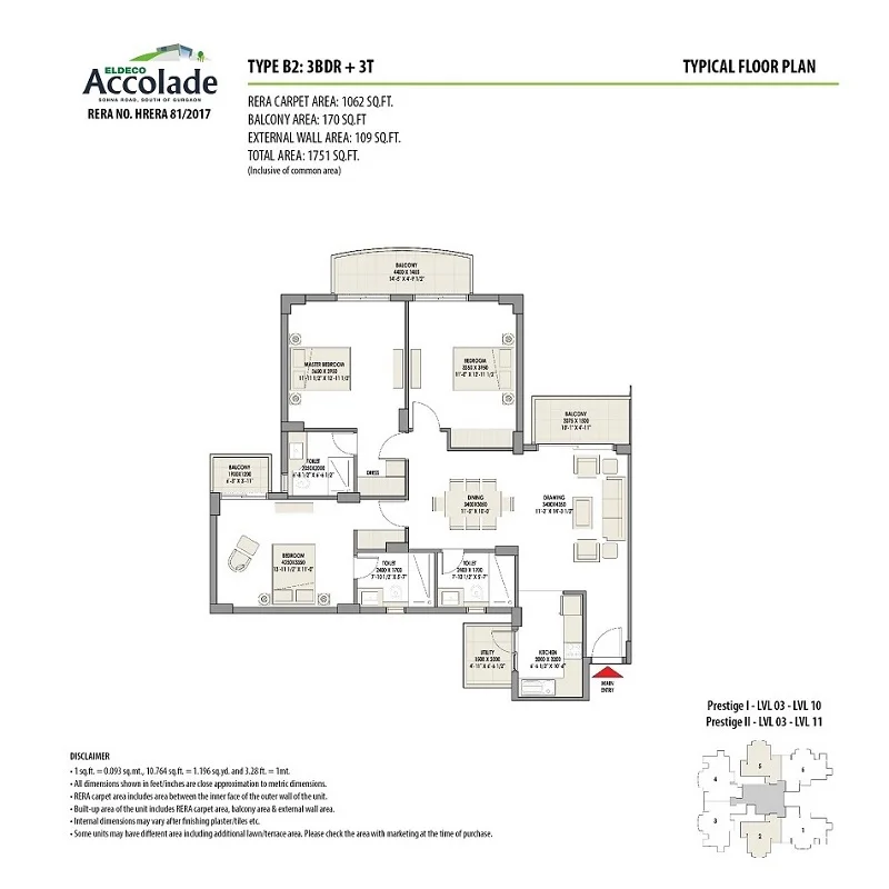 Eldeco Accolade 3 BHK flat floor plan, about 1,751 sq ft super area