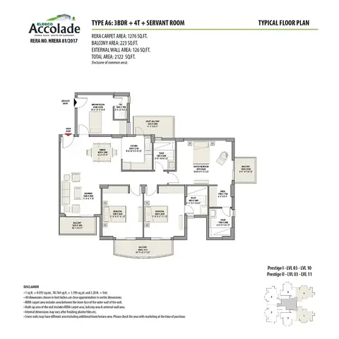 Eldeco Accolade 3 BHK + Servant flat floor plan, about 2,122 sq ft super area