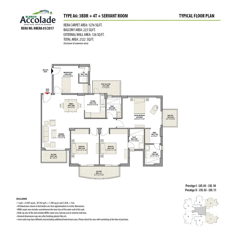Eldeco Accolade 3 BHK + Servant flat floor plan, about 2,122 sq ft super area