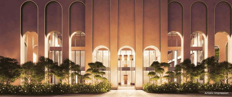 Elevate Reserve clubhouse entrance with the arched facade lit at dusk, Conscient's render