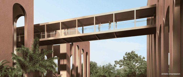 Elevate Reserve glass sky bridge between the arched blocks, Conscient's render
