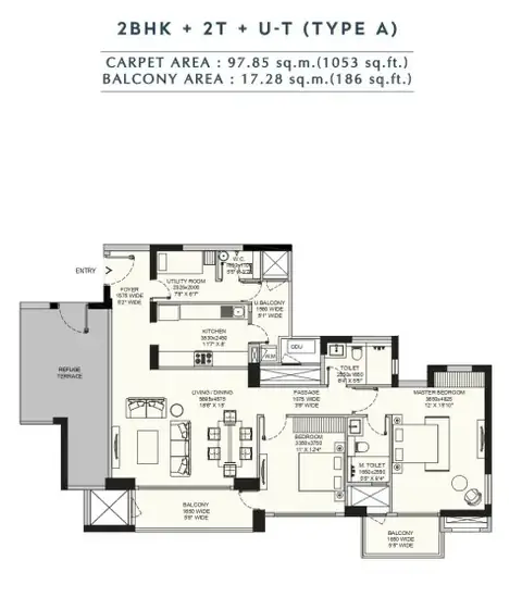 Emaar Amaris 2 BHK floor plan, 1,239 sq ft