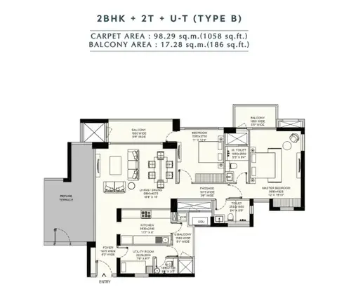 Emaar Amaris 2 BHK floor plan, 1,244 sq ft