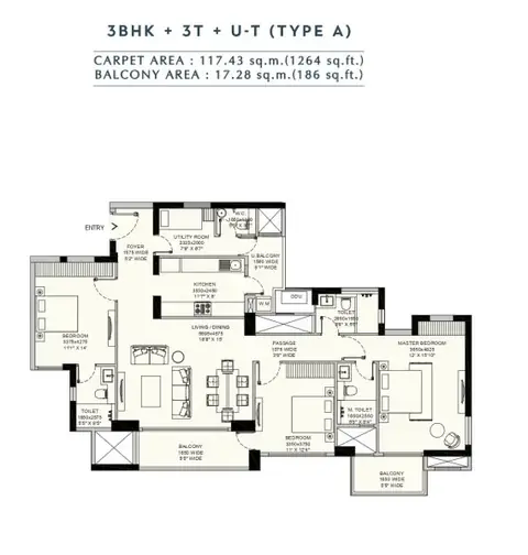 Emaar Amaris 3 BHK floor plan, 1,450 sq ft
