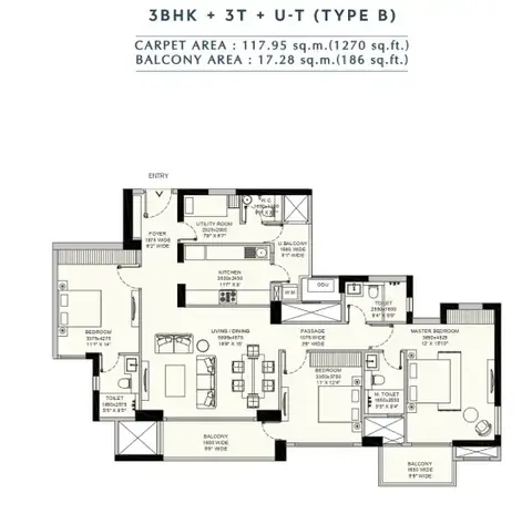 Emaar Amaris 3 BHK floor plan, 1,456 sq ft