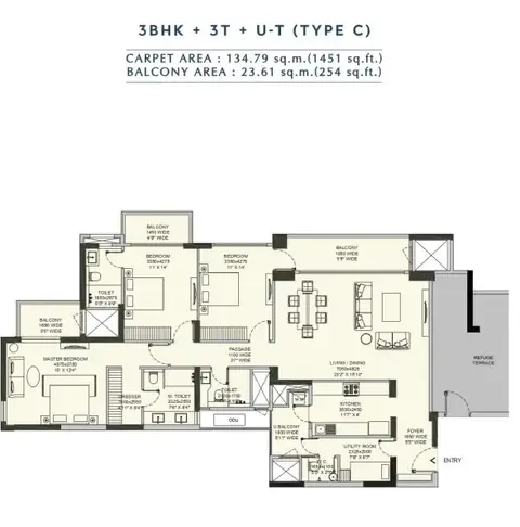 Emaar Amaris 3 BHK floor plan, 1,705 sq ft