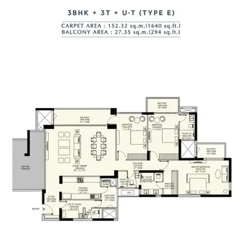 Emaar Amaris 3 BHK floor plan, 1,934 sq ft