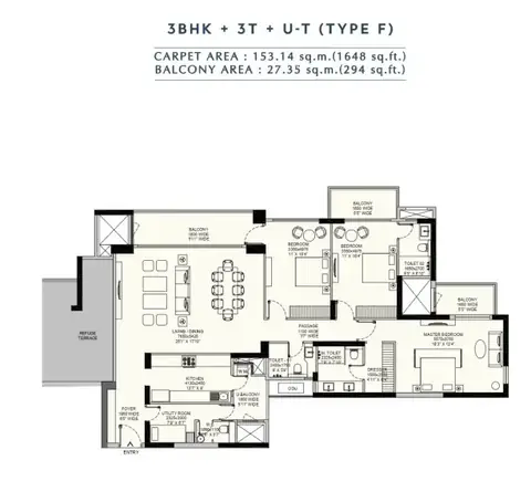 Emaar Amaris 3 BHK floor plan, 1,942 sq ft