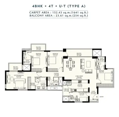 Emaar Amaris 4 BHK floor plan, 1,895 sq ft
