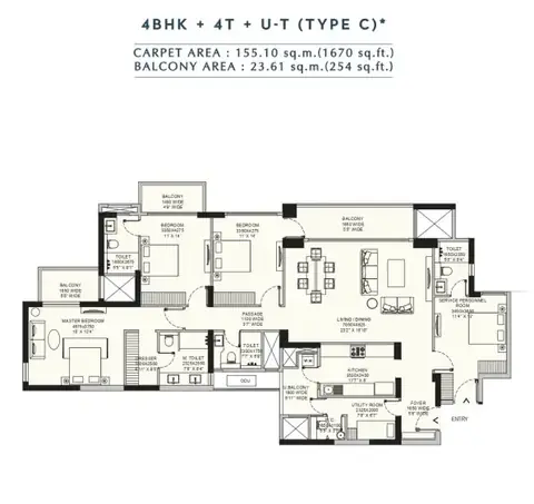 Emaar Amaris 4 BHK floor plan, 1,924 sq ft