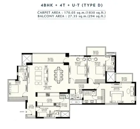 Emaar Amaris 4 BHK floor plan, 2,124 sq ft