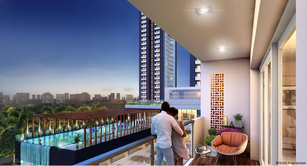 Emaar Digihomes balcony looking over the pool and towers, artist's impression