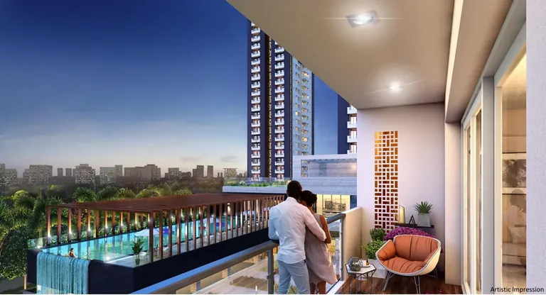 Emaar Digihomes balcony looking over the pool and towers, artist's impression