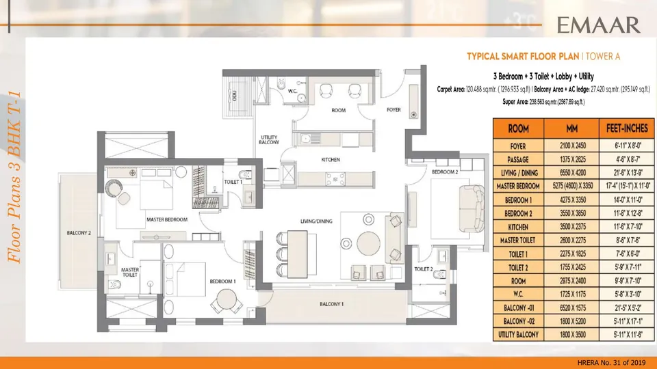 Emaar Digihomes 3 BHK floor plan, 2,567 sq ft