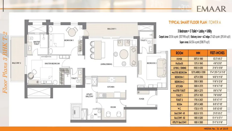 Emaar Digihomes 3 BHK floor plan, 2,588 sq ft