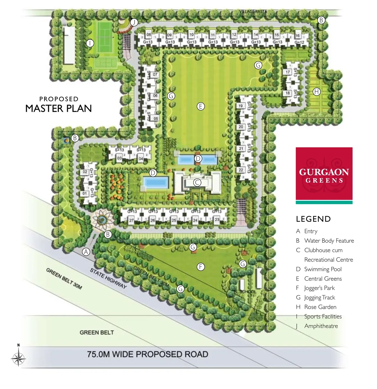 Emaar Gurgaon Greens master plan with 27 towers, central greens, clubhouse and pool beside the State Highway