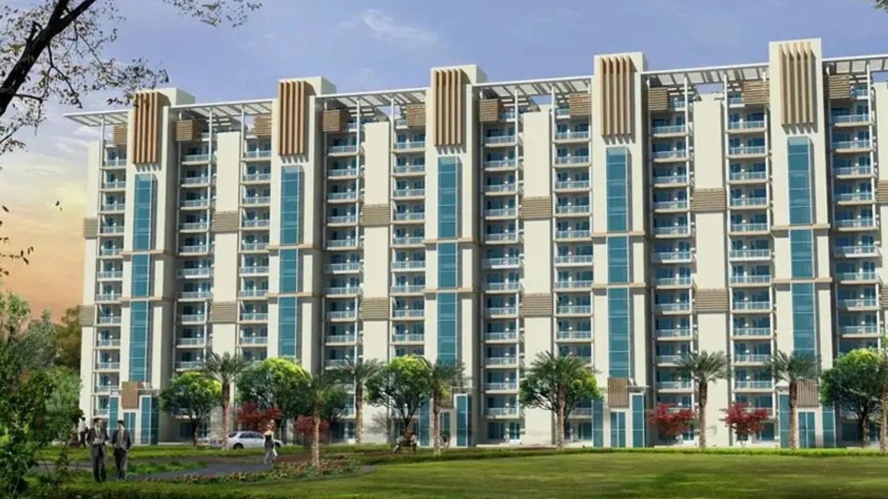 Emaar Gurgaon Greens G+13 apartment towers with twin elevator cores, front elevation, artist's impression