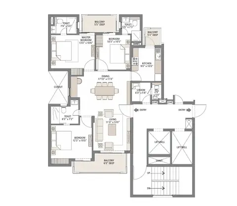 Emaar Gurgaon Greens 3 BHK + servant room floor plan, 1,650 sq ft super area