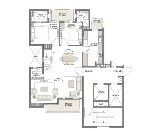 Emaar Gurgaon Greens 4 BHK duplex penthouse lower level plan, 3,200 sq ft super area