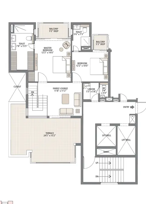 Emaar Gurgaon Greens 4 BHK duplex penthouse upper level plan with terrace, part of the 3,200 sq ft home