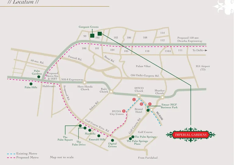 Emaar Imperial Gardens location map, Sector 102 beside the Dwarka Expressway, Gurgaon