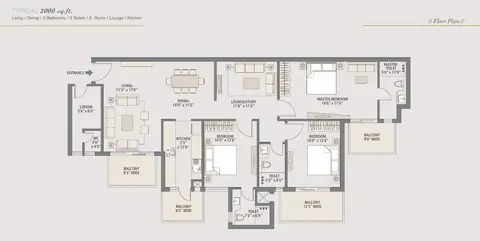 Emaar Imperial Gardens 3 BHK + study + servant room floor plan, 2,000 sq ft super area