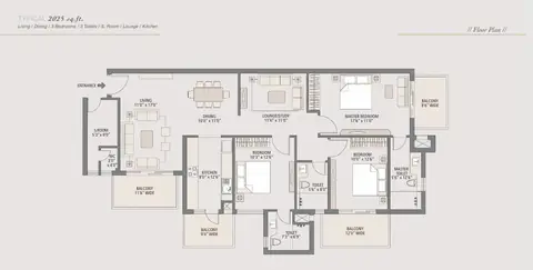 Emaar Imperial Gardens 3 BHK + study + servant room floor plan, 2,025 sq ft super area